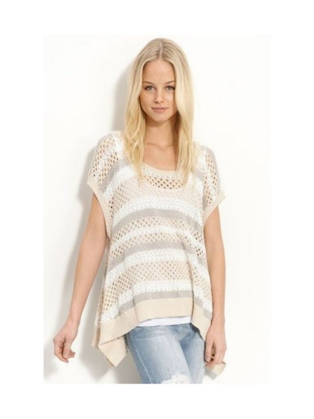 Free People In Between the Lines Sweater Tee Ivory Combo F885X634 Crochet NWT